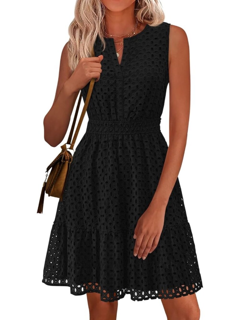 Women's Black Summer Dress Sleeveless V Neck Eyelet Hollow Out Swing Sun Dress